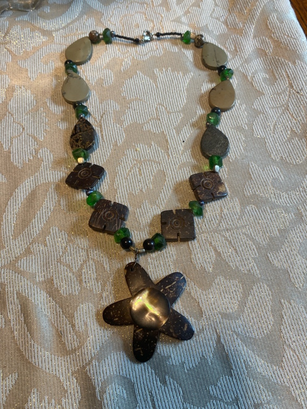 Handmade Green and Brown Flower Pendant Necklace - Women Jewelry